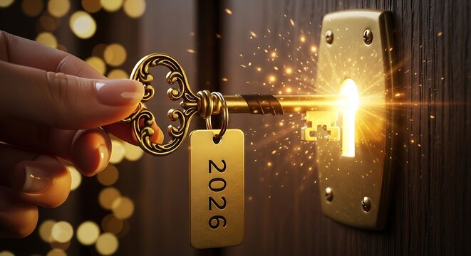 Hand holding golden key with 2026 tag opening door to bright future.