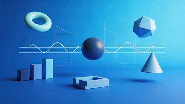 Abstract blue 3D geometric shapes floating sphere torus cone bar chart and sine wave on a minimalist background representing data technology innovation and digital concepts for