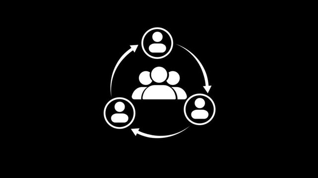 circular flow involving a group of people. A central cluster of human figures is surrounded by three individual figures, all connected
