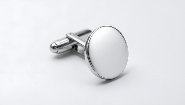 Silver cufflink on white background.