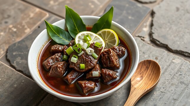 Isolated bowl of Rawon, black beef soup with keluak nuts, garnished with kaffir lime leaves and scallions, wooden spoon beside the bowl on textured stone surface