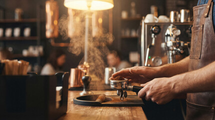 Obraz premium Professional barista preparing espresso coffee, filling portafilter with ground coffee in a bustling cafe