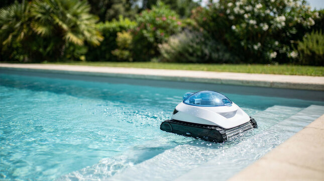 Robotic pool cleaner in action, cleaning the steps of a clear blue swimming pool on a sunny day