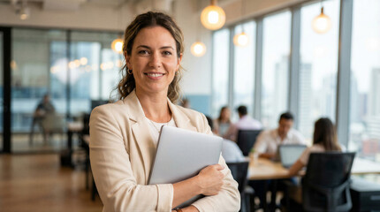 Obraz premium Portrait of a confident and successful businesswoman smiling at the camera, holding a laptop in a modern office environment