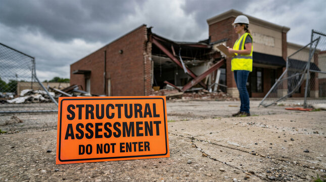 Engineer conducting a structural assessment of a severely damaged commercial building after a disaster or demolition, with a warning sign in the foreground