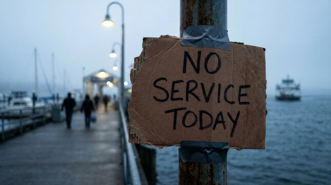 Handwritten no service today sign on a cardboard box taped to a pole at a foggy pier with a ferry boat in the distance