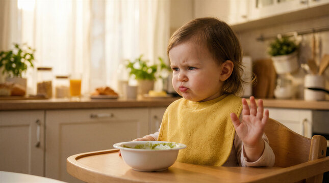 Cute baby girl in a high chair making a funny disgusted face and refusing to eat her green baby food, pushing it away