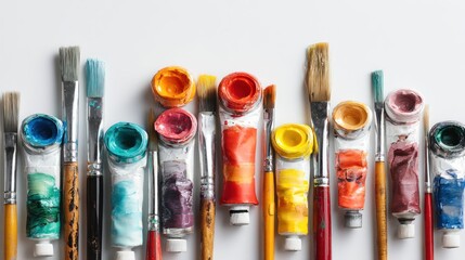 Fototapeta premium Vivid assortment of paint tubes and brushes displayed on a white surface, artfully arranged