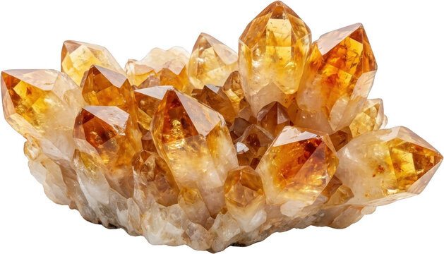 A cluster of translucent faceted citrine crystals with warm golden and amber hues exhibiting natural formations and raw texture gemstone mineral quartz yellow rock geology
