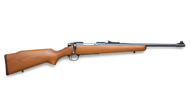Rifle with wooden stock and metal barrel.