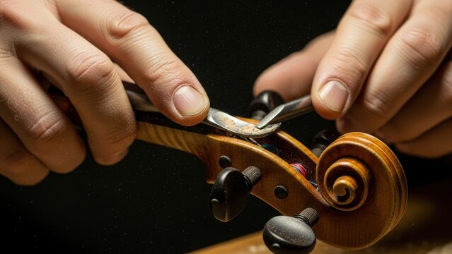 Luthier Carving Violin Scroll With Chisel In Workshop