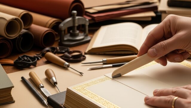 Hand using bone folder on book binding