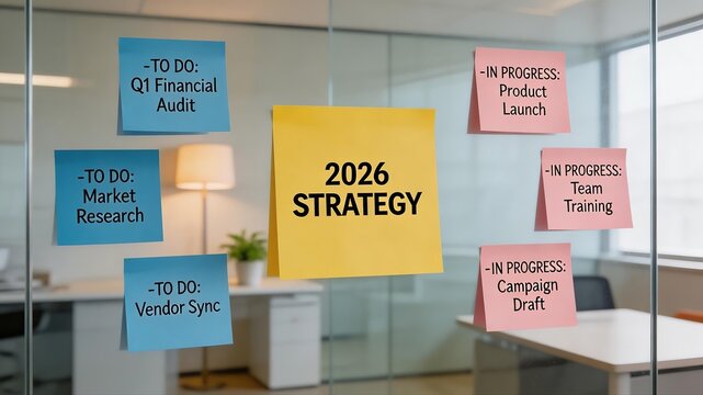 Office glass wall with strategy notes