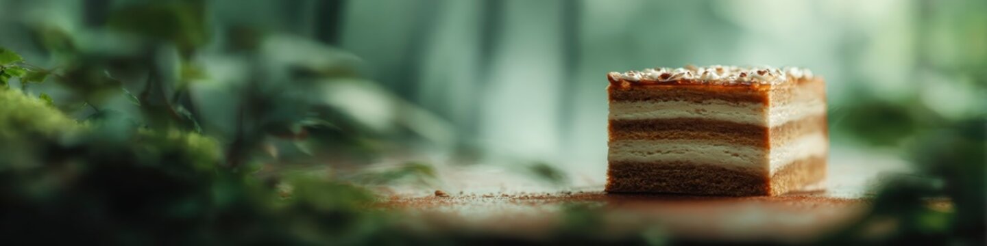 Delicious dessert slice on wooden table with greenery