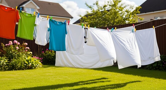 Clean laundry hanging on a clothesline in a sunny backyard