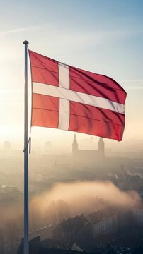 Red and white Danish flag waving over a foggy urban skyline during a golden morning