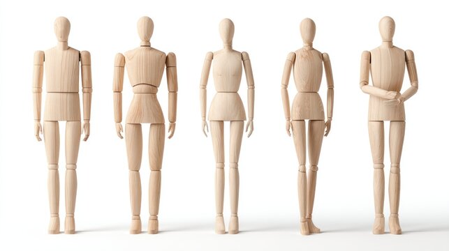 Five articulated wooden mannequins in various poses stand in a row against a stark white backdrop. Their arms, legs, and torsos are joined