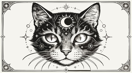 Mystical Celestial Cat Engraving Style with Moon and Stars in Decorative Border © Myint