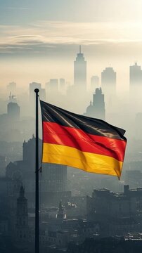 German Flag Waving Over Foggy Urban Skyline, National Identity and Economic Growth