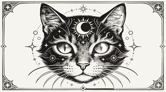 Mystical Celestial Cat Engraving Style with Moon and Stars in Decorative Border