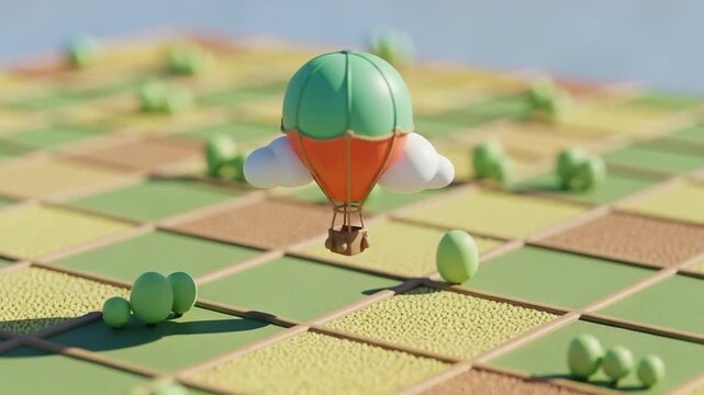 3D Stylized Hot Air Balloon Floating Over Checkered Board Game Landscape for Travel Gamification