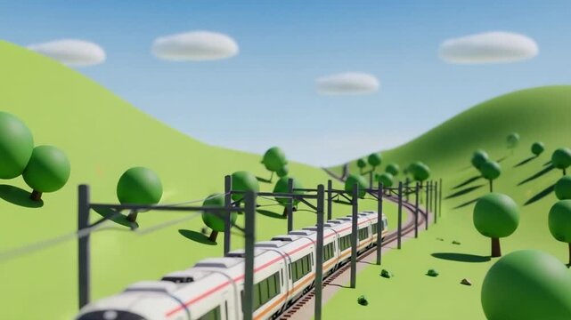 Sustainable electric high speed train traveling through a stylized 3D green landscape
