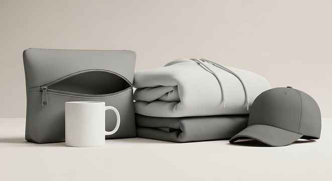 Cozy Gray Essentials - Travel Pillow, Blanket, Mug, and Cap for Comfort and Relaxation.