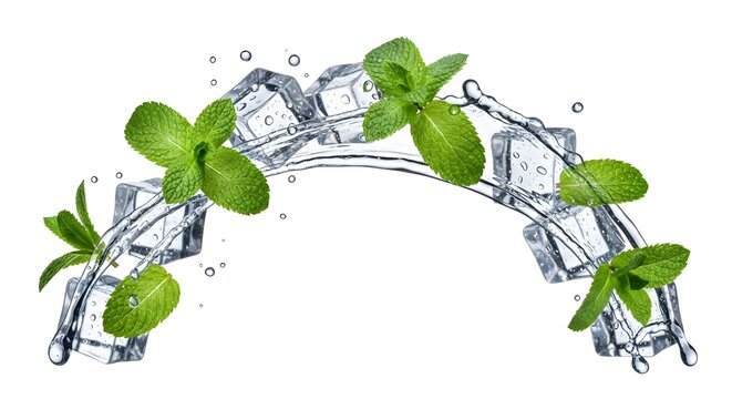 Fresh mint leaves with ice cubes and water splash, cooling menthol herbs, isolated on white