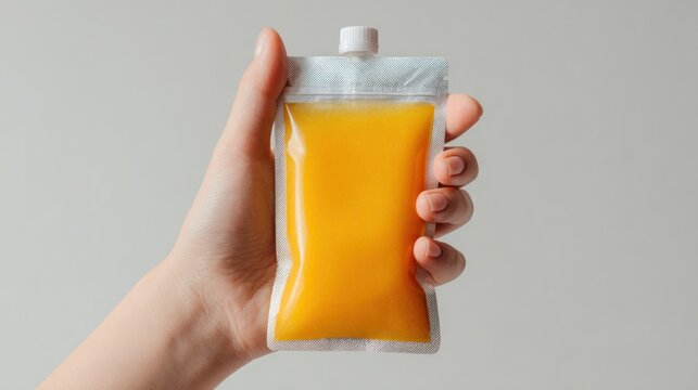 A hand holds a clear, rectangular pouch filled with vibrant yellow liquid, against a plain grey background, highlighting the product