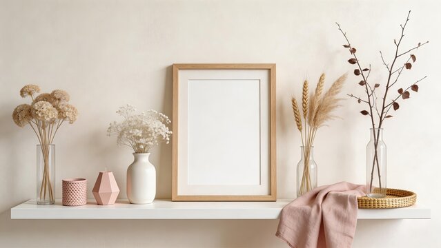 Minimalist interior design with wooden frame mockup on white shelf dried flowers in vases boho home decor empty picture frame for poster modern living room decoration beige wall