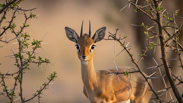 Male Kirk Dik Dik Antelope in Thorny Acacia Bush, African Wildlife Safari