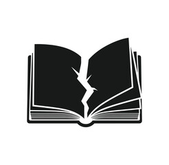 black and white illustration of an open book with a crack down the middle