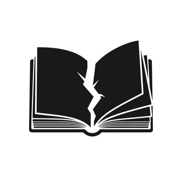black and white illustration of an open book with a crack down the middle