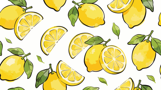 Vibrant Watercolor Lemon Fruit Seamless Pattern with Slices and Green Leaves Doodle