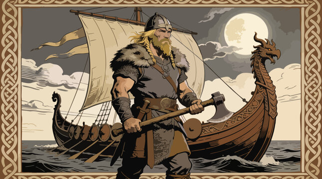 Viking Longship, Warrior with Axe, Full Moon, and Intricate Celtic Border Illustration