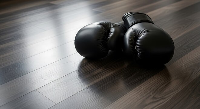 Black boxing gloves on wooden floor with dramatic lighting