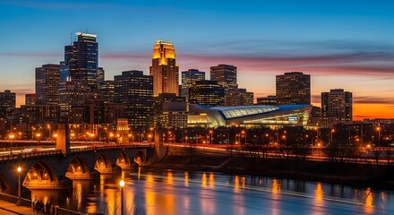 Obraz premium Cityscape at dusk illuminated buildings and reflective river