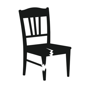 broken chair with one leg detached and crack in the seat