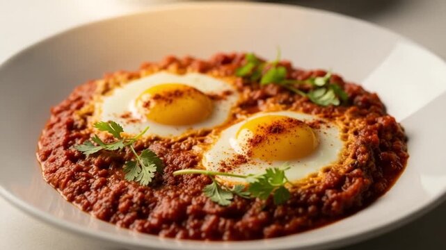Traditional North African Shakshuka with Poached Eggs in Spicy Tomato Sauce and Cilantro