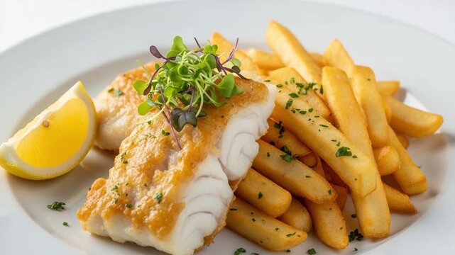 Pan Seared Cod Fillet with Crispy Steak Fries and Fresh Microgreens Garnish