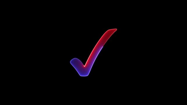 Abstract neon check mark icon rotating on black background with glowing light effect animation