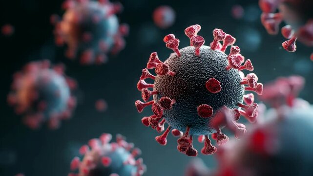 Microscopic close-up of pandemic virus particles, scientific visualization showing infectious structure and spread. Detailed medical concept of microbiology, disease transmission and global health ris