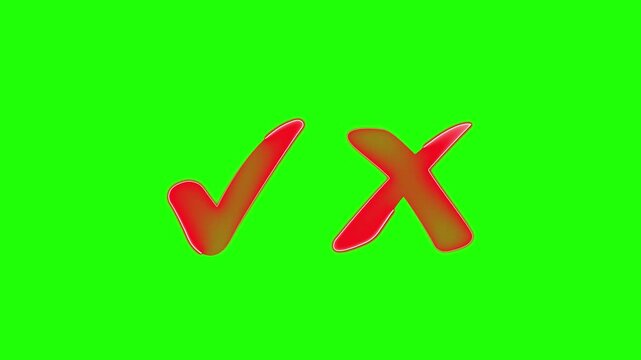 Red checkmark and cross symbols dynamic animation on green screen, choice indication footage