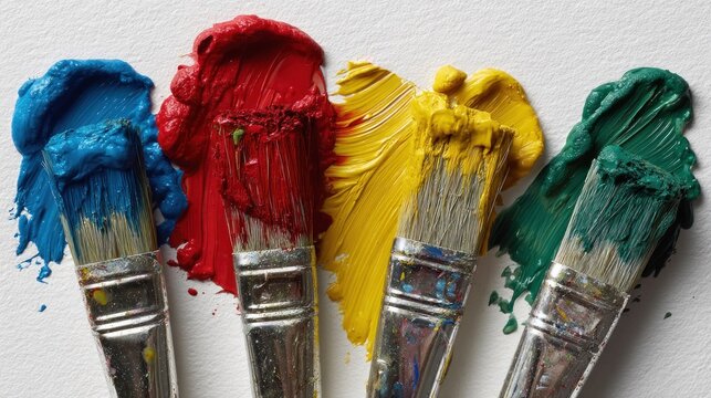 Four paintbrushes, laden with vibrant blue, red, yellow, and green paint, rest on a pristine white surface, showcasing textured dabs of color.  