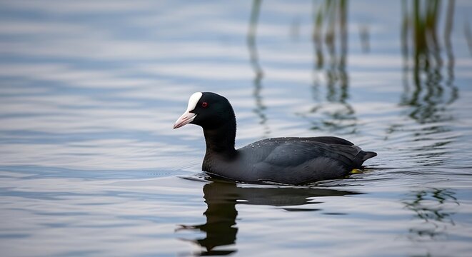 Black coot swimming gracefully on water surface with reflection