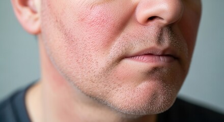 Fototapeta premium Close-up of a man's face showing red, inflamed skin on the cheek and nose. Detail of rosacea, dermatitis, or skin irritation.