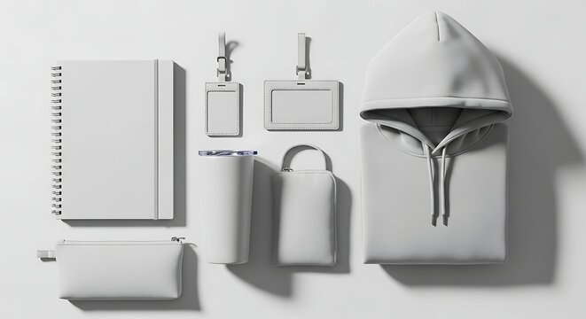 Monochrome corporate branding mockup with notebook, hoodie, and accessories on white surface.