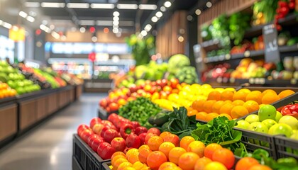 Obraz premium defocused (blurred) background of a modern supermarket interior, featuring well-organized displays of fresh produce and vibrant fruits.