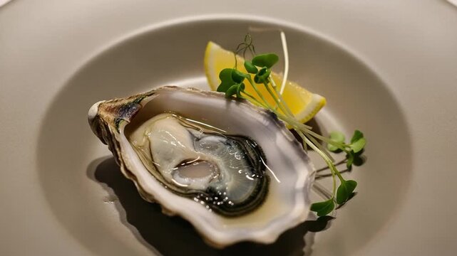 Artisanal raw bar tasting of a fresh Pacific oyster on the half shell with lemon garnish