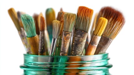Fototapeta premium A close-up of various paint brushes, in different sizes and conditions, standing up in a green, textured glass jar against white